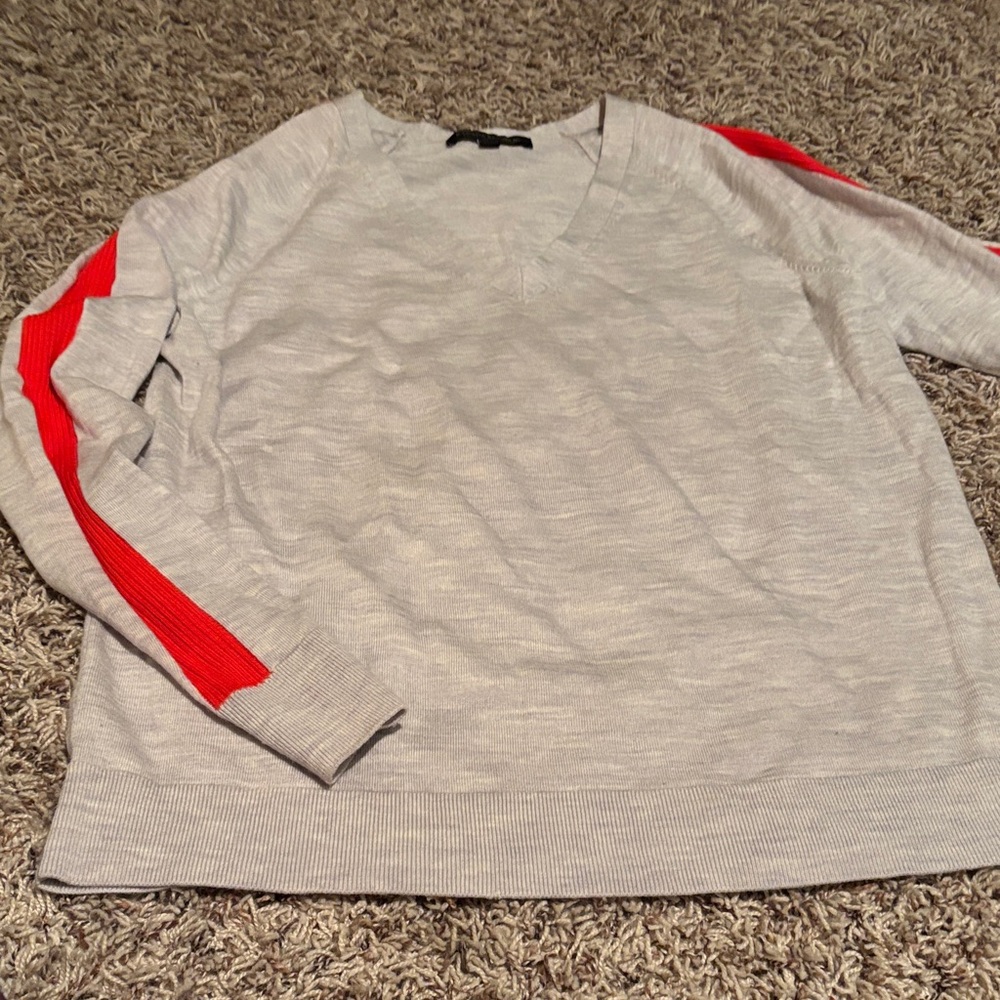 Banana Republic Light Gray V-Neck Sweater with Red Stripes